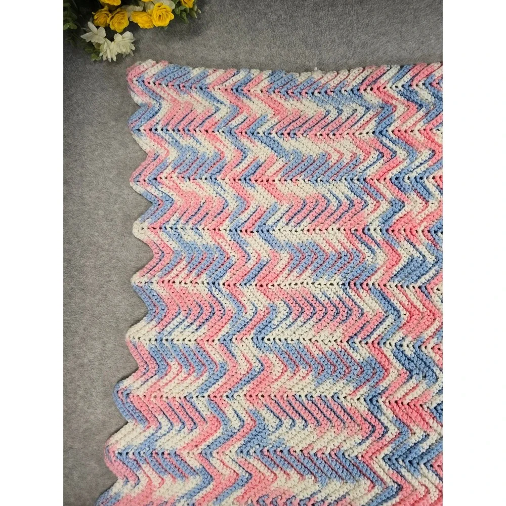Vtg 90s Handmade Crochet Chevron Baby Blanket Pink Blue Tummy Time Afghan 26x29